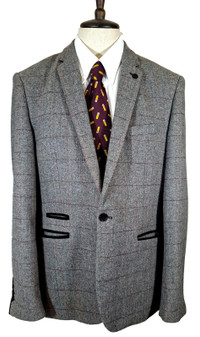 Marc Darcy Mens Blazer 44R Grey Herringbone Red Check Dion Smart Jacket