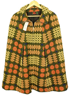 Vintage Tydybo Orange Green Medium Welsh Tapestry Woven Cape Poncho