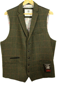 House of Cavani Green Check 46" Collared Tweed Smart Modern Mens Waistcoat
