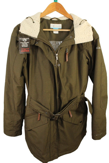 COLUMBIA LADIES MEDIUM HOODED PARKA INSULATED OMNI-TECH OUTDOOR BELTED COAT