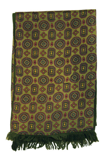 Vintage Scarf Olive Green & Ornate Geometric Pattern Fringed Edge Scarf