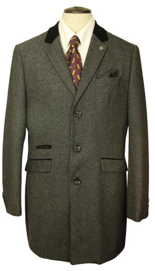Marc Darcy 40R Charcoal Tweed Velvet Collar Races Smart Modern Overcoat