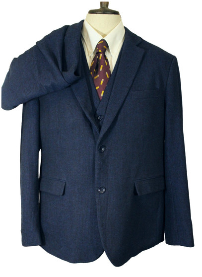 Blue Mens Herringbone 3-Piece 44" Jacket & Waistcoat W38 L33 Trouser Suit Set