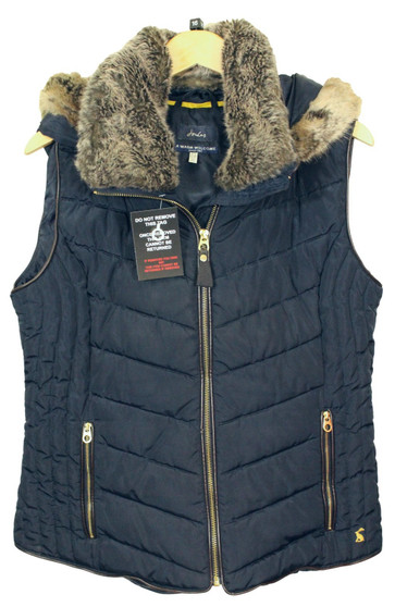 Joules Hooded Faux Fur Navy Blue Size 16 Padded Insulated Vest Bodywarmer Gilet