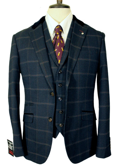 House of Cavani 36R Blue Check Velvet Collar Check Jacket & Waistcoat Set