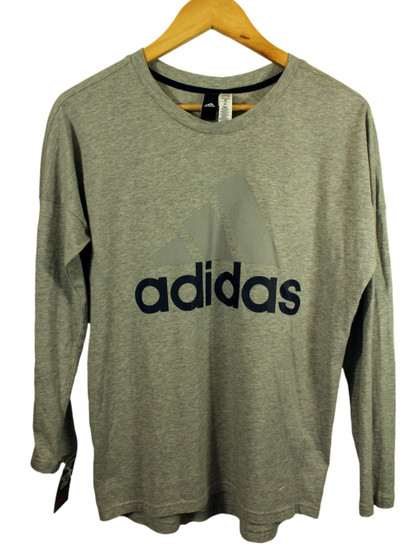 Adidas Womens Long Sleeve 12-14 Medium Grey Cotton Big Logo Crew Neck Tee Top