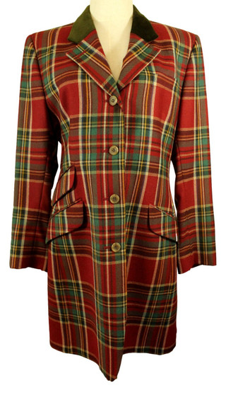 Vtg Daks Waverley Red Tartan Size 14 Womens Velvet Collar 3/4 Length Overcoat