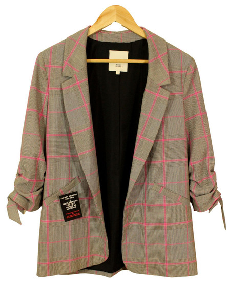 River Island Grey Pink Check Size 10 Womens Ruffled Bow Sleeve Jacket