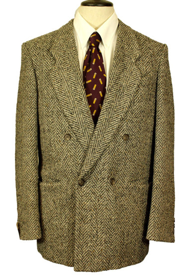 Pre 90's Vintage Double Breasted 38R Tweed Woolton Cloth Herringbone Wool Blazer