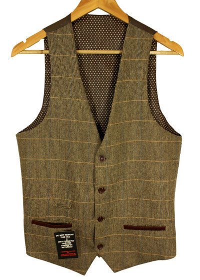 Marc Darcy Brown Check 38R Mens Modern Collar Small Waistcoat