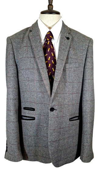 Marc Darcy Mens Blazer 44R Grey Herringbone Red Check Dion Smart Jacket