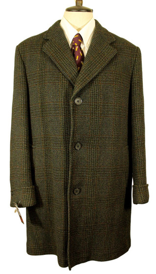 Vtg Dunn & Co Mens Overcoat 42R / 104R Green Tweed Check 100% Wool Country Coat