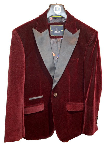 House of Cavani Mens Blazer 34R Burgundy Velvet Satin Lapel Dinner Jacket