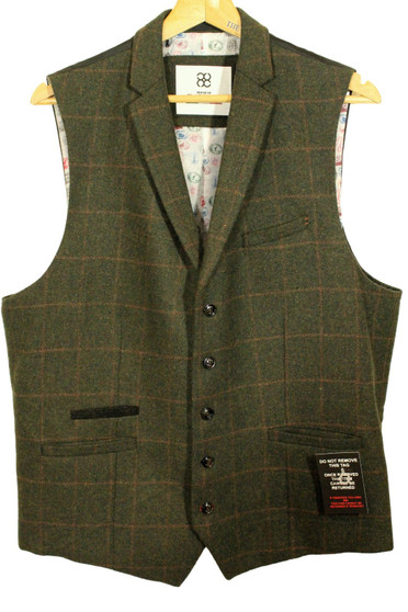 House of Cavani Green Check 46" Collared Tweed Smart Modern Mens Waistcoat