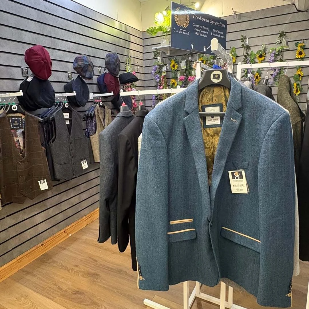 Blue tweed jacket on display at Live for Tweed in Grimsby Garden Centre