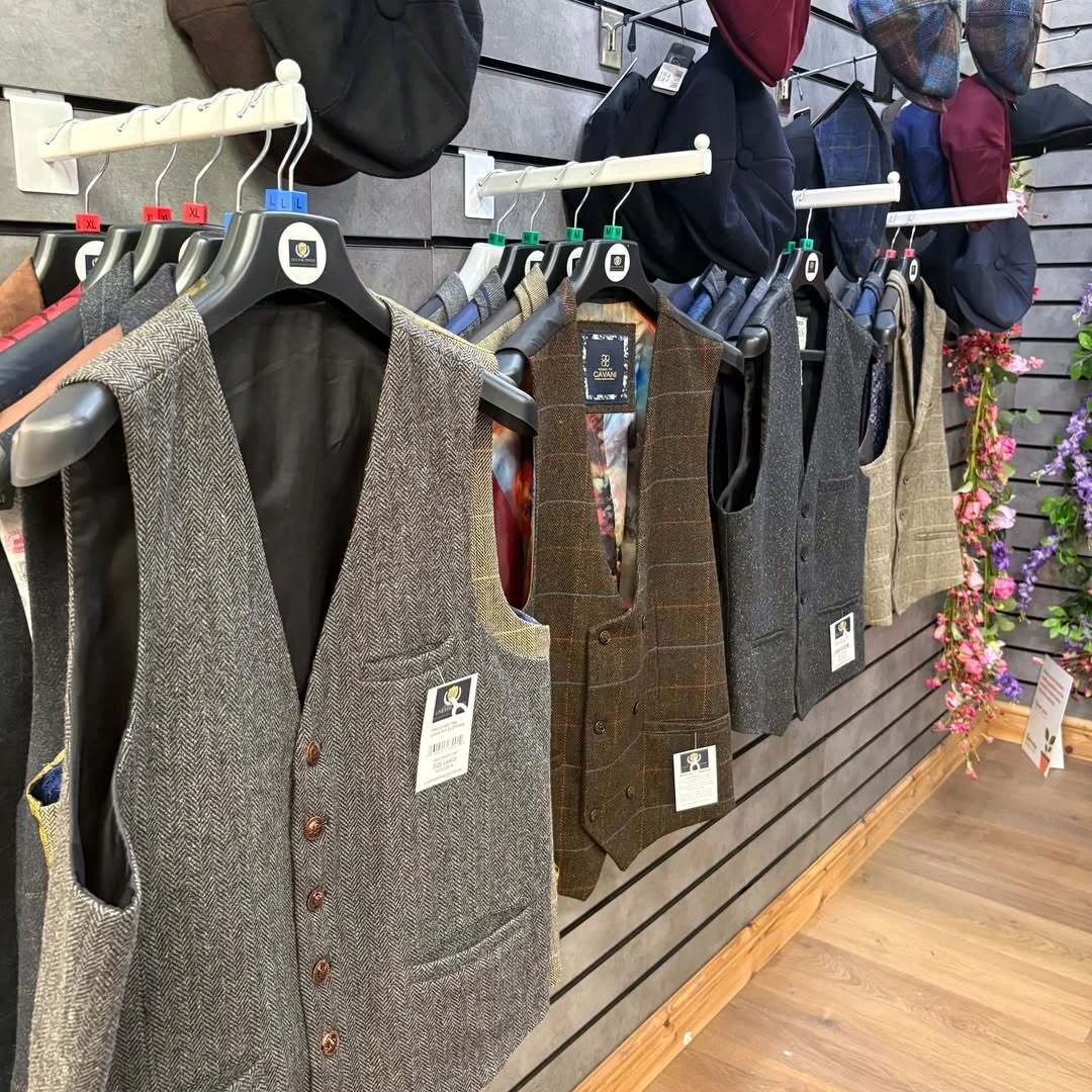 Tweed waistcoats and flat caps displayed at the Grimsby concession