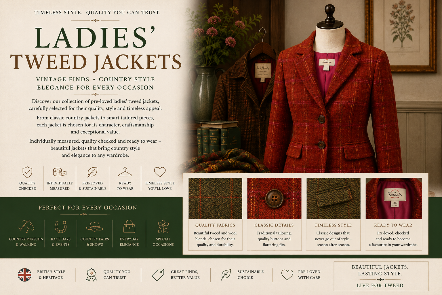 Preloved ladies' tweed jackets including vintage and modern country style blazers, perfect for country fashion, race days, Goodwood Revival and timeless British style.