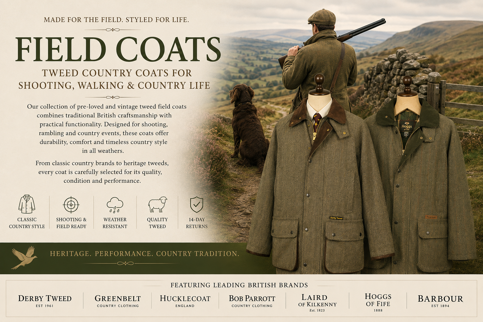 Hero banner featuring premium British field coats for shooting, gamekeeping and country wear, including Barbour, Hoggs of Fife, Derby Tweed, Greenbelt, Hucklecoat, Bob Parratt and Laird of Kilkenny.