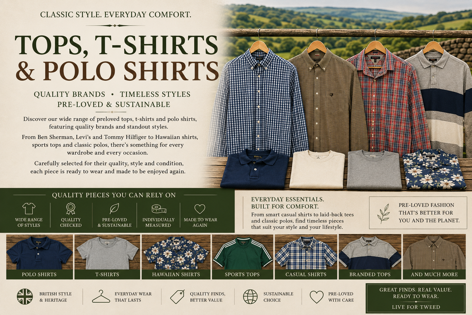 Preloved tops, T-shirts and polo shirts including casual shirts, branded polos and Hawaiian shirts from quality designer brands at Live for Tweed.