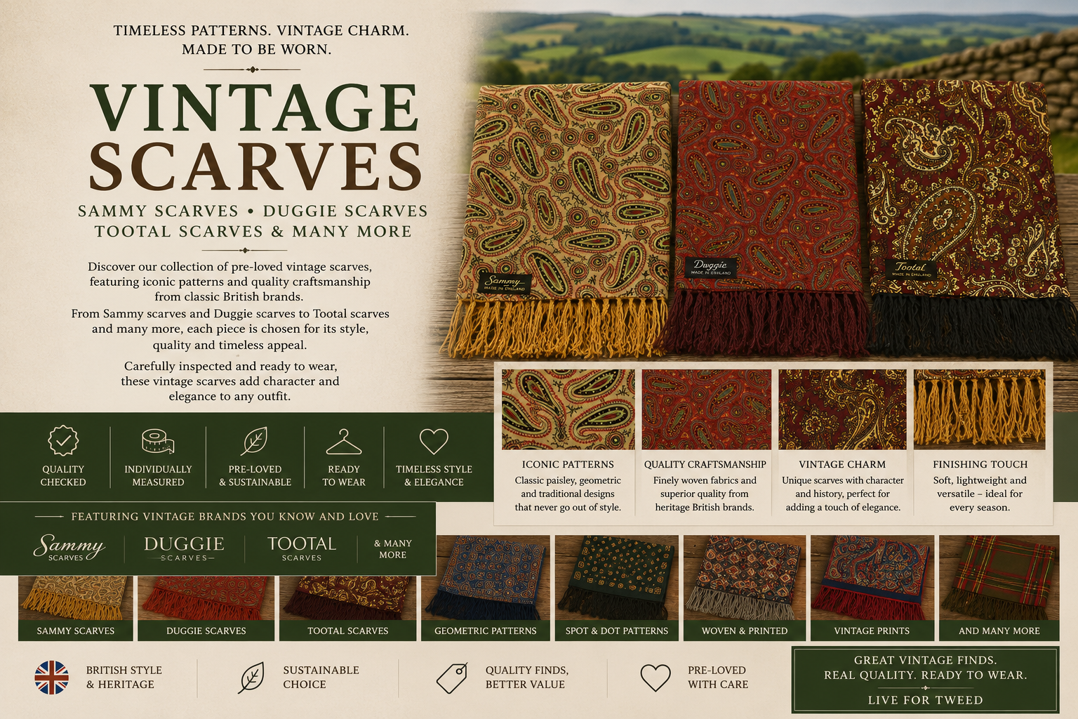 Collection of authentic vintage scarves featuring classic paisley and retro patterns, perfect for Goodwood Revival, vintage events and heritage British style from Live for Tweed.