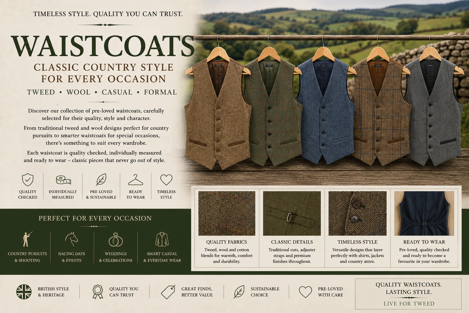 Preloved tweed, wool and formal waistcoats displayed in a countryside setting, featuring classic British country style and smart occasion wear from Live for Tweed.