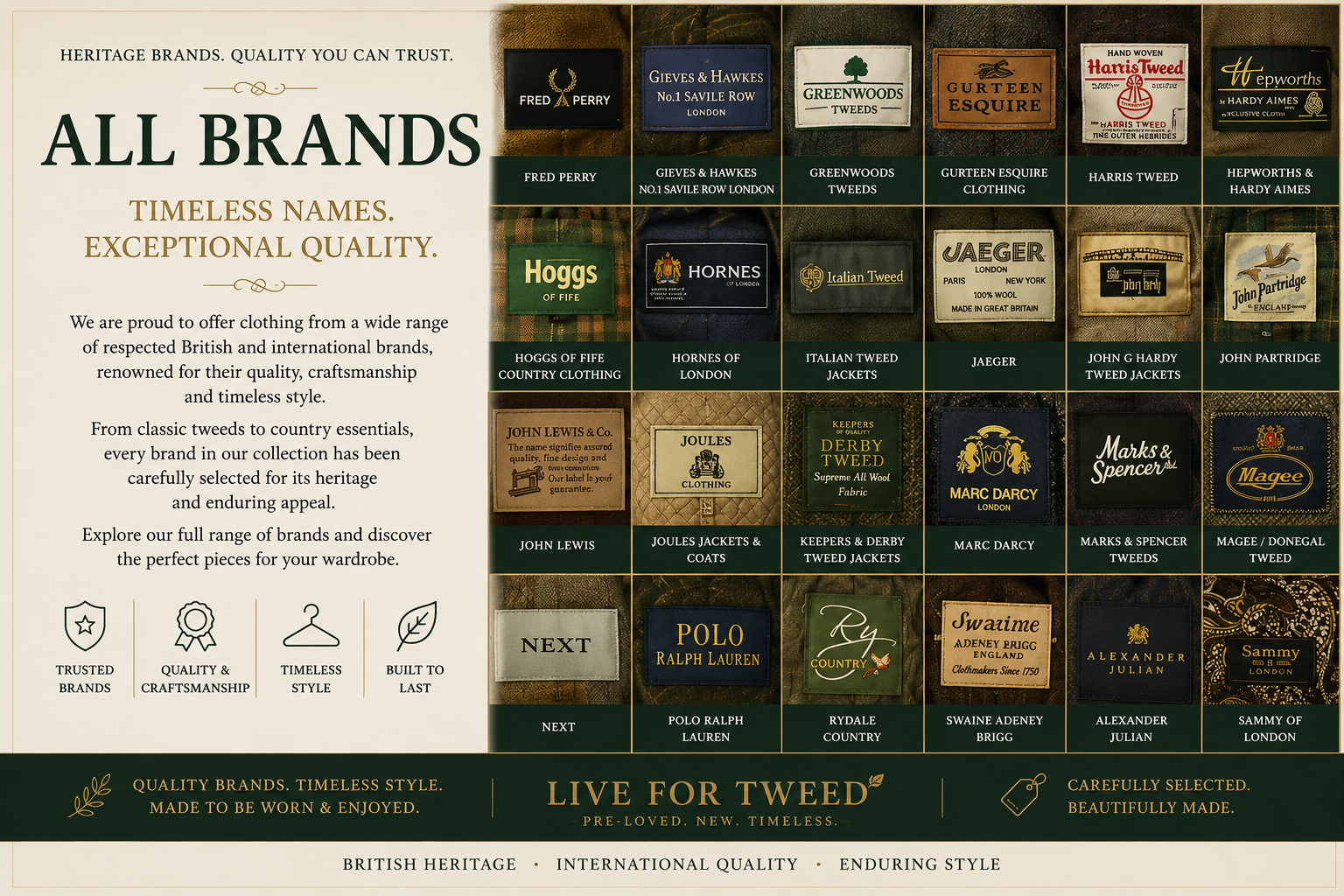 Designer and heritage clothing brands available at Live for Tweed including premium country clothing, tweed jackets and quality British fashion labels.