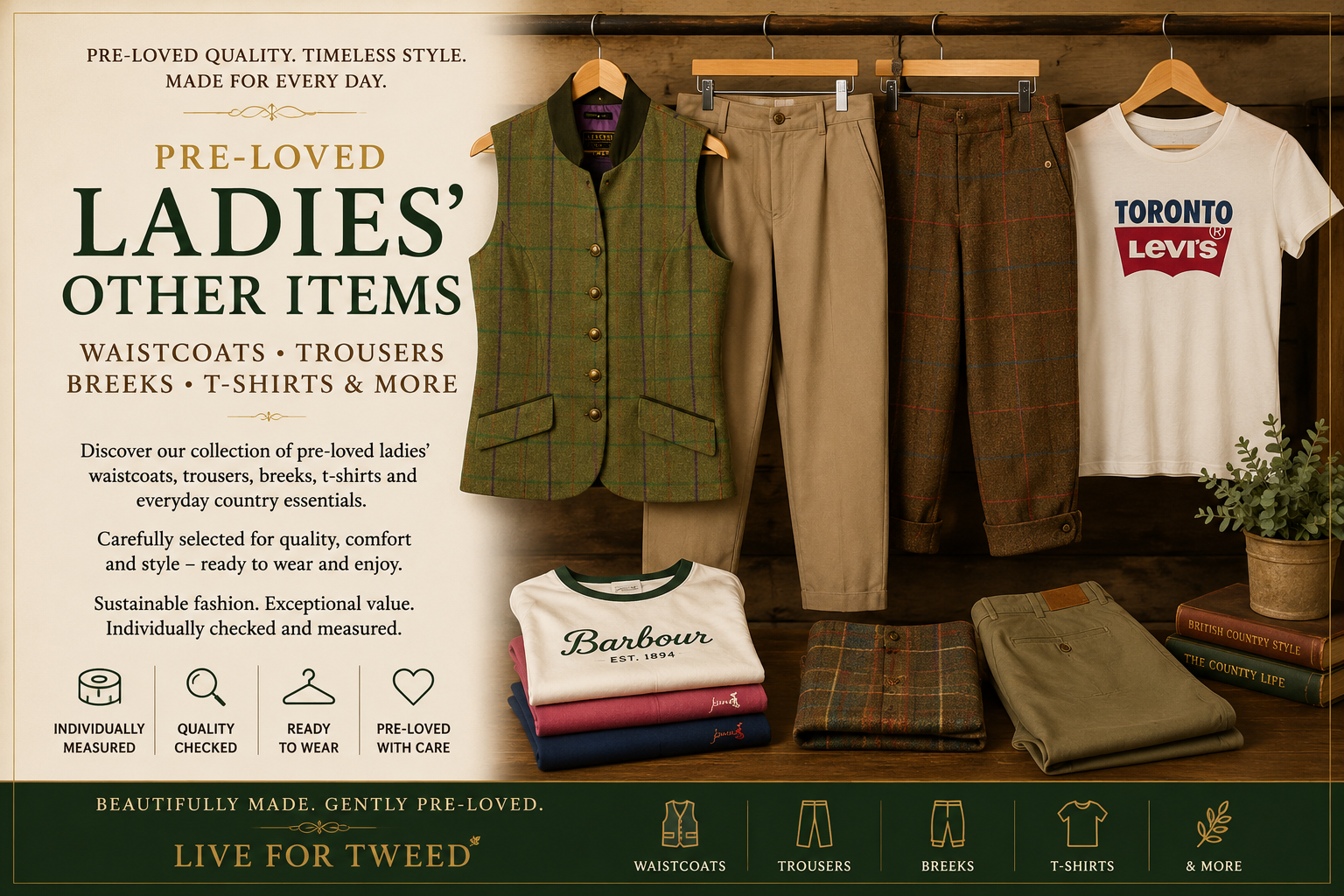 Pre-loved ladies’ waistcoats, trousers, tweed breeks and T-shirts displayed as a collection of women’s country clothing at Live for Tweed.