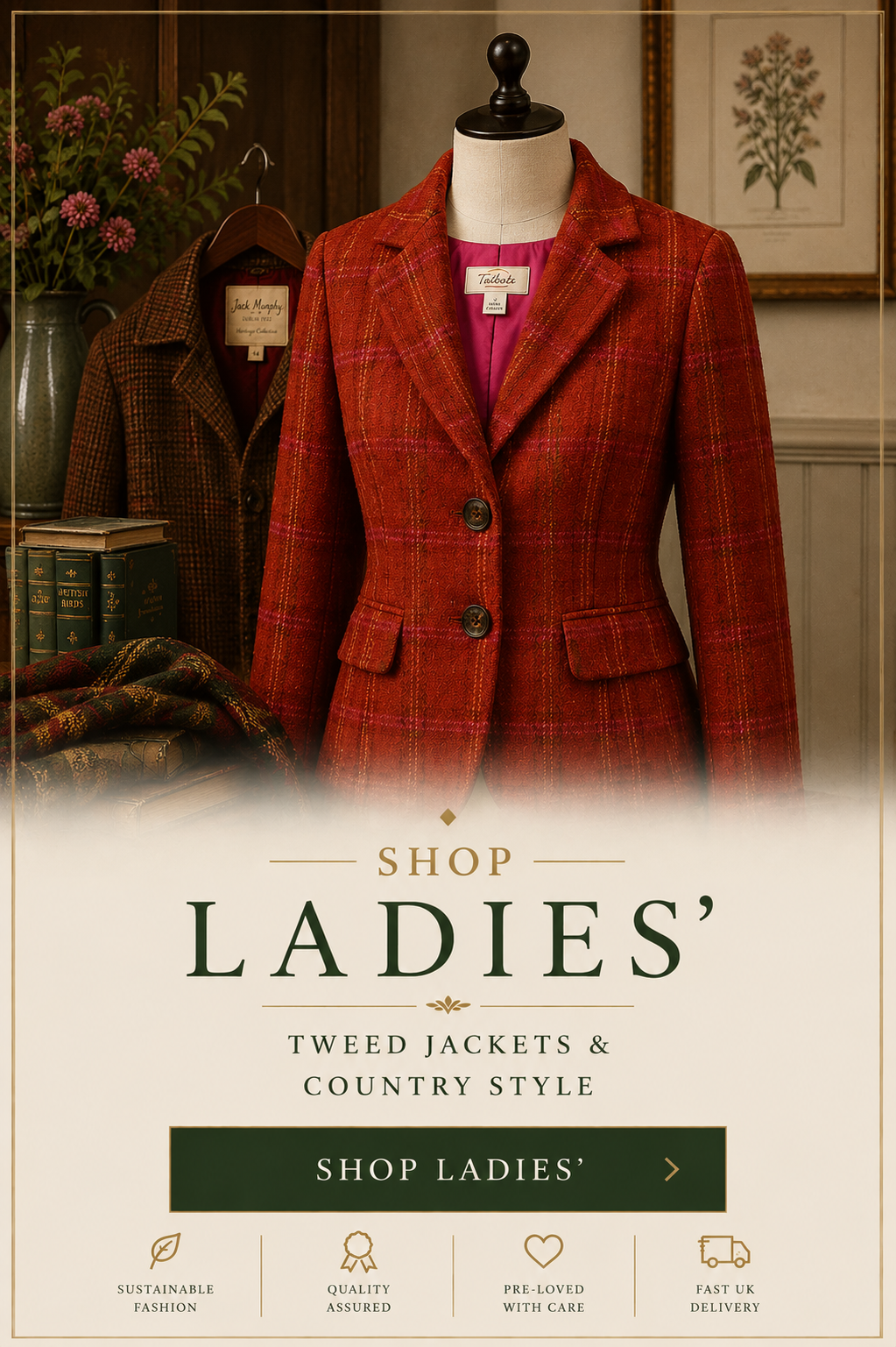 Preloved ladies' tweed jackets including vintage and modern country style blazers, perfect for country fashion, race days, Goodwood Revival and timeless British style.