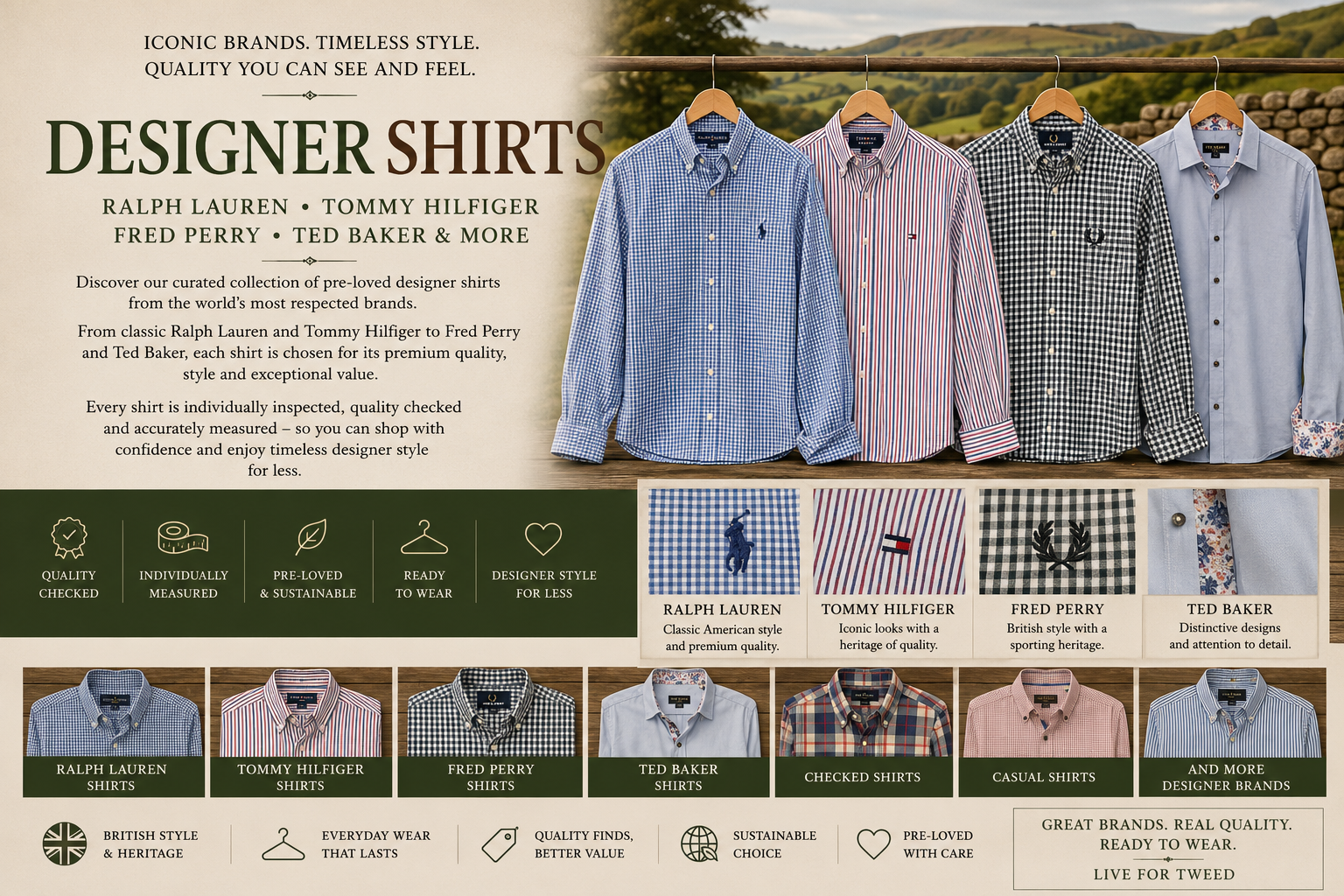 Preloved designer shirts including Ralph Lauren, Tommy Hilfiger, Fred Perry and Ted Baker styles with premium checked, striped and Oxford shirts from Live for Tweed.