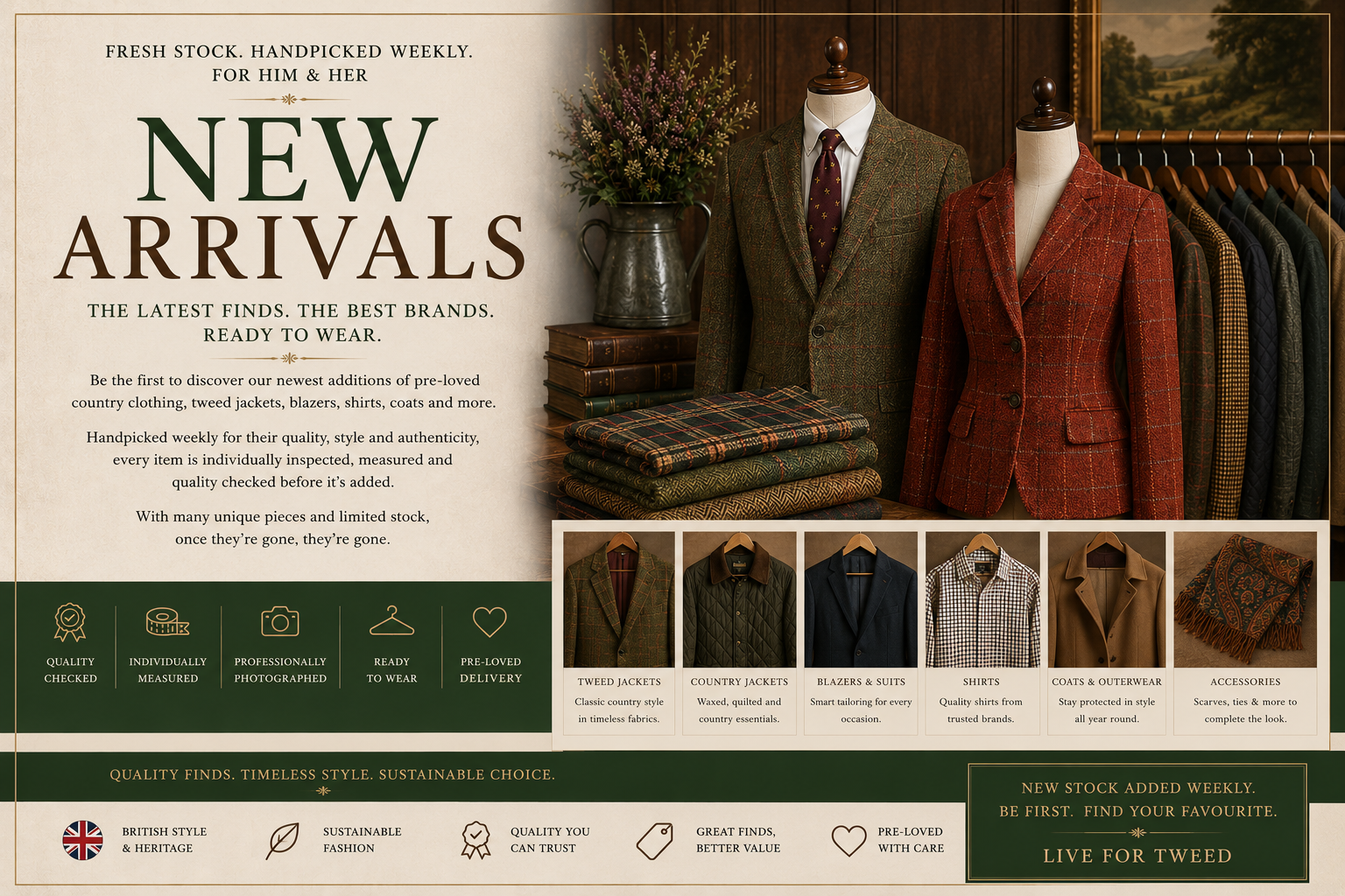 New arrivals featuring the latest pre-loved tweed jackets, Barbour jackets, country clothing and designer menswear at Live for Tweed.