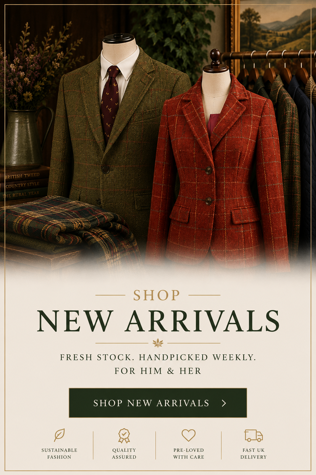 New arrivals featuring the latest pre-loved tweed jackets, Barbour jackets, country clothing and designer menswear at Live for Tweed.
