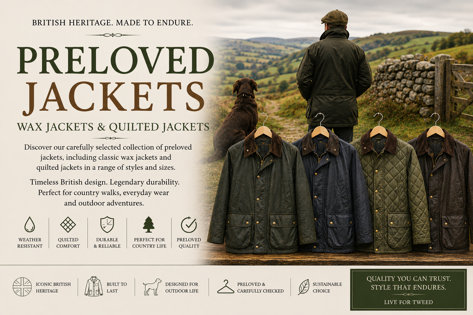 Preloved Barbour-style wax jackets and quilted country jackets displayed in a British countryside setting representing classic outdoor clothing.