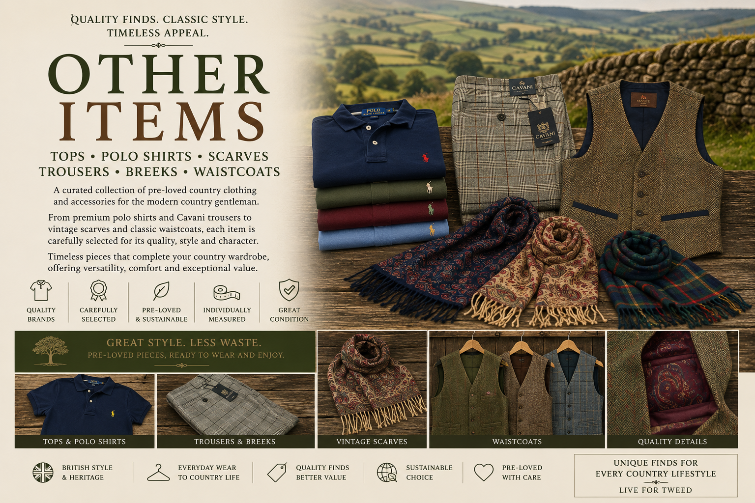 Other Country Clothing & Accessories hero banner featuring preloved polo shirts, country shirts, tweed trousers, breeks, vintage scarves and classic waistcoats in a British countryside setting.