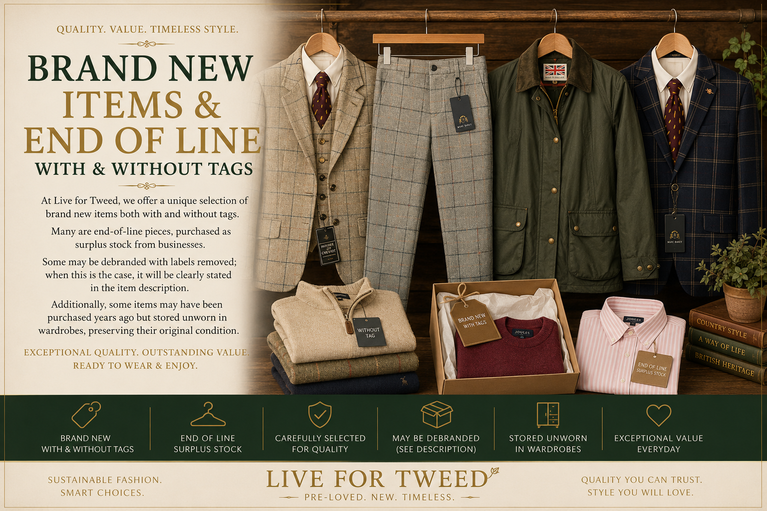Brand New Clothing & End of Line Fashion including surplus stock, unworn garments with and without tags at Live for Tweed