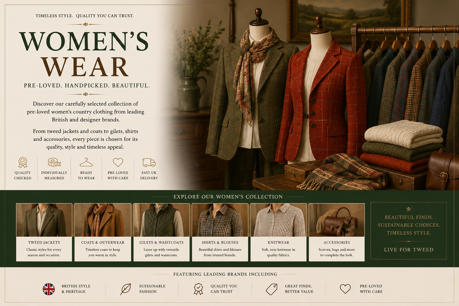 Pre-loved women's country clothing collection featuring tweed jackets, country coats, knitwear and accessories in a luxury countryside boutique setting.
