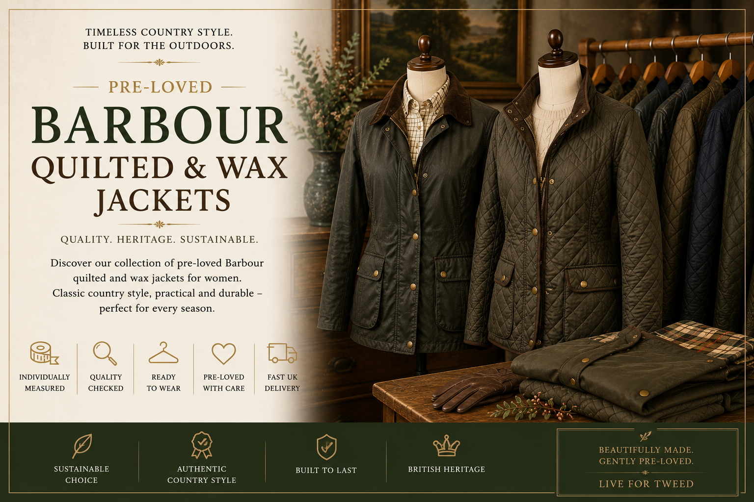 Pre-loved ladies' Barbour wax and quilted jackets displayed in a luxury country clothing boutique with timeless British country styling.