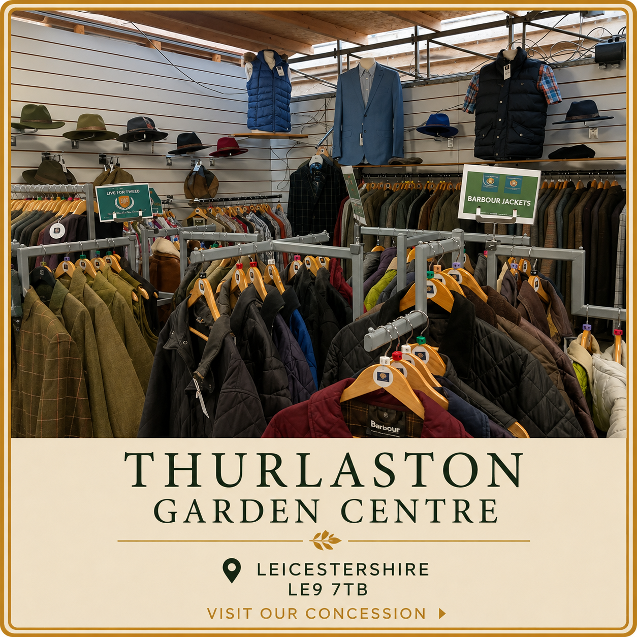 Visit Live for Tweed who have a display of clothing within Thurlaston Garden Centre