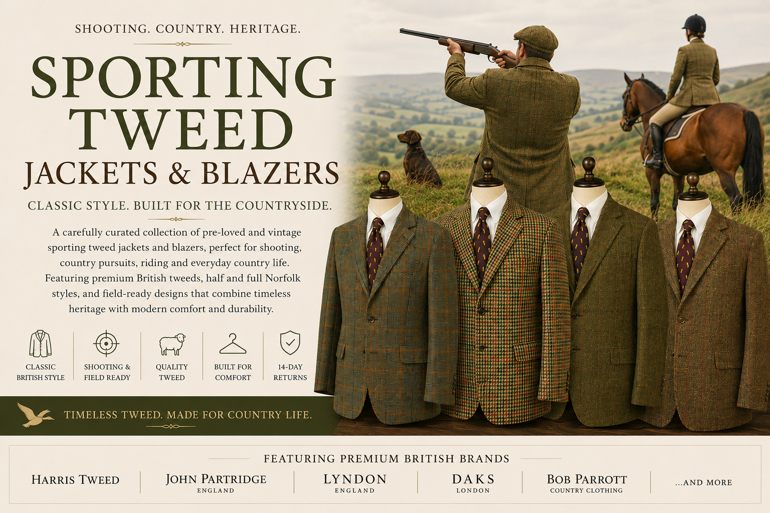 Sporting Tweed Jackets & Blazers hero banner featuring pre-loved British shooting jackets, Norfolk jackets and country sporting blazers by Harris Tweed, John Partridge, DAKS, Lyndon and Bob Parratt.