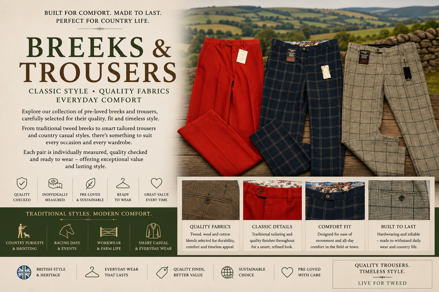 Preloved country breeks and tweed trousers including vintage shooting breeks, checked trousers and classic British country clothing from Live for Tweed.