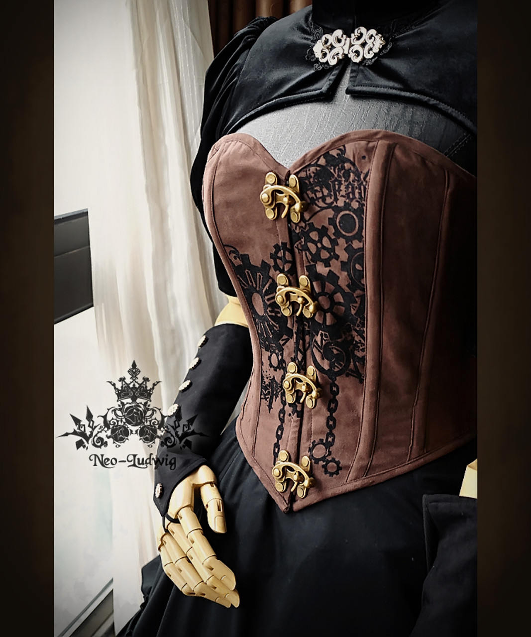 High Quality Overbust Golden Real Leather Steam punk Spikes Corset with  Clasps