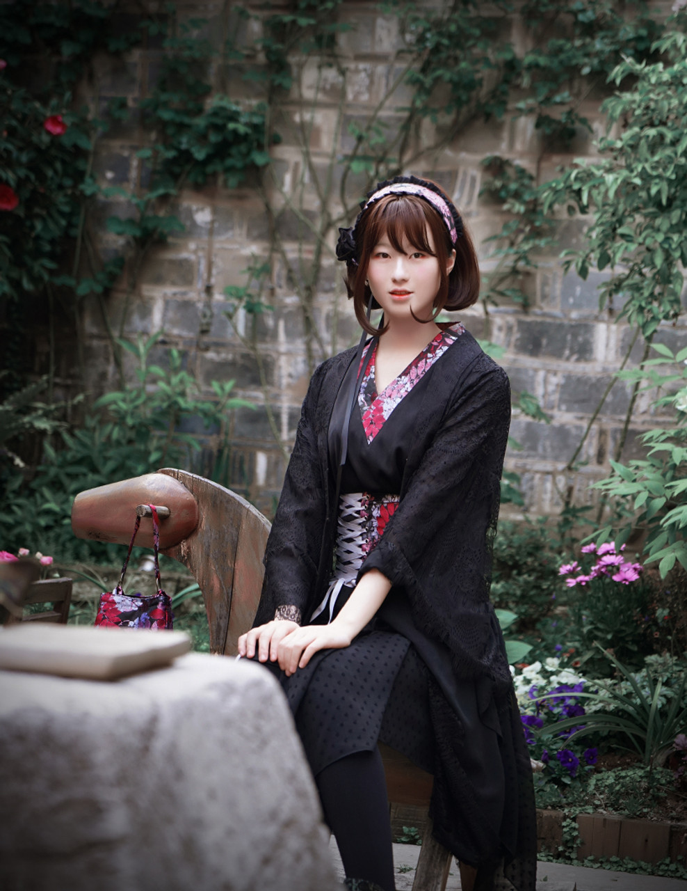 Lolita Black Dress Loose Kimono Dress Lace Jacket Lace Skirt Obi