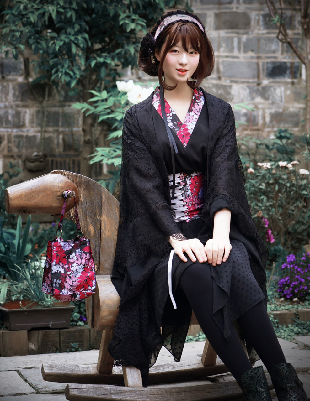 SOLD OUT: Lolita Black Dress Loose Kimono Dress Lace Jacket Lace Skirt Obi  Tote Headdress Set