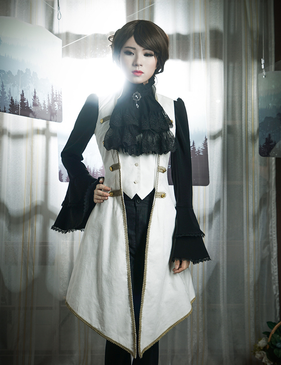 Whale Bones Bay, Gothic Ouji Lolita Ruffle Neck Long Sleeves Blouse Jabot  Zircon Set Retro Pirate Fashion Dandy White Black Shirt*2colors