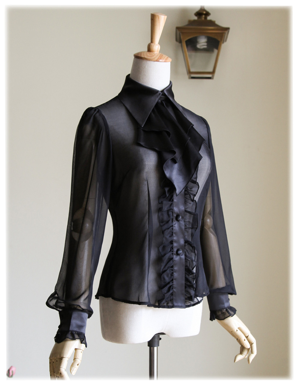 100% Mulberry Silk Shirt Long Sleeve Shirt Blouse Jabot Set Black