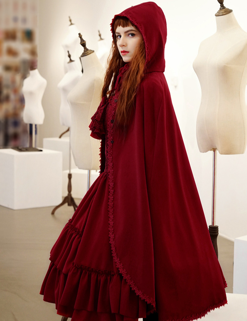 Ghost Bride in Red, Elegant Gothic Lolita Retro Hoodie Mantle Cape
