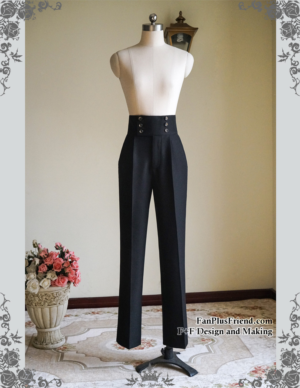 Silence Lonely, Gothic Vintage Black Pants High Waist Pants Long Pants  Double Breasted Suit Pants*Lady Ver