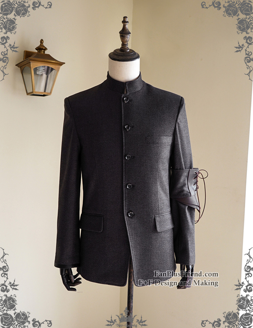 Vintage Men Coat Jacket Leather Armband Set Grey Punk Pirate