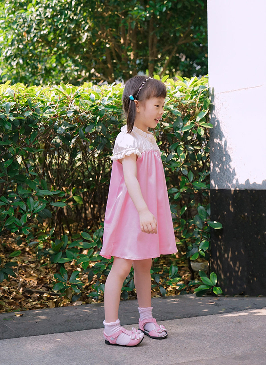 Cute Lolita Kids Silk White Midi Dress Pink Summer Dress