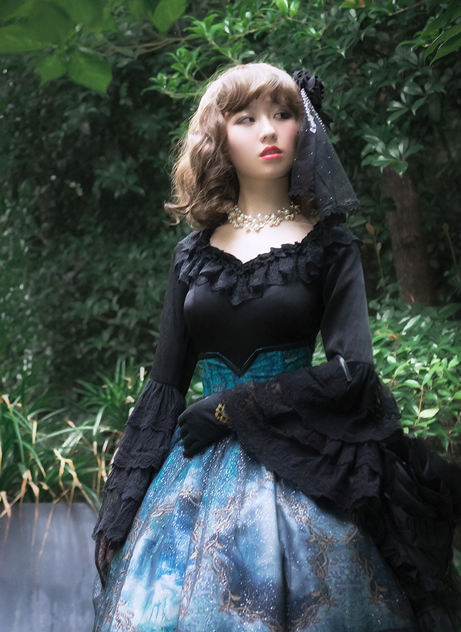 Gothic Angel Blouse White×Blue Men Ruffle Shirts Blouse Tops Lace Up Retro Gothic Flare