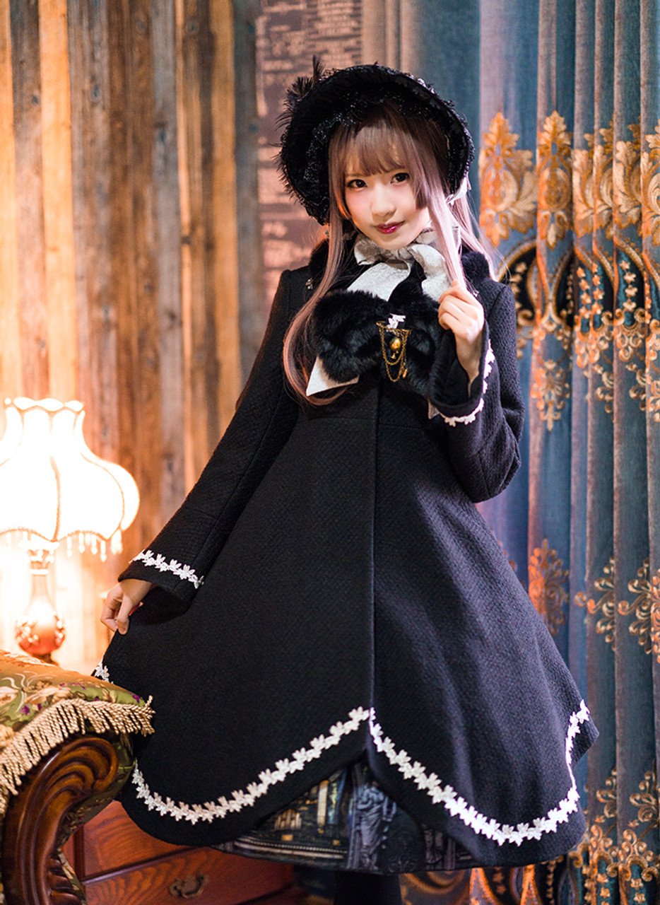 Lolita Fashion Wool Coat Petal Midi Winter Coat And Fur Scarf